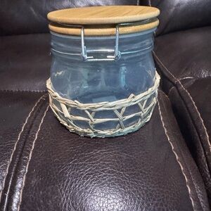 4 Rustic Glass Jars with Woven Accent and Wooden Lid